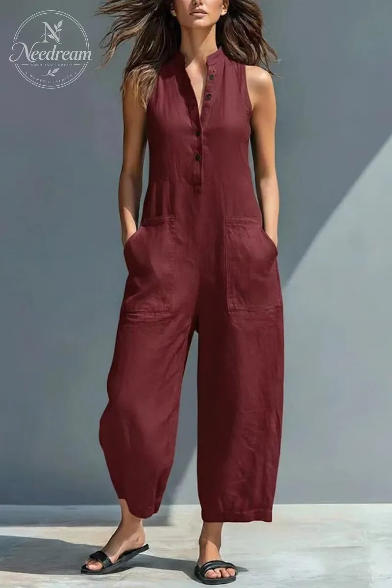 Women's Minimalist Linen Blend Button-up Stand-collar Sleeveless Loose Jumpsuit