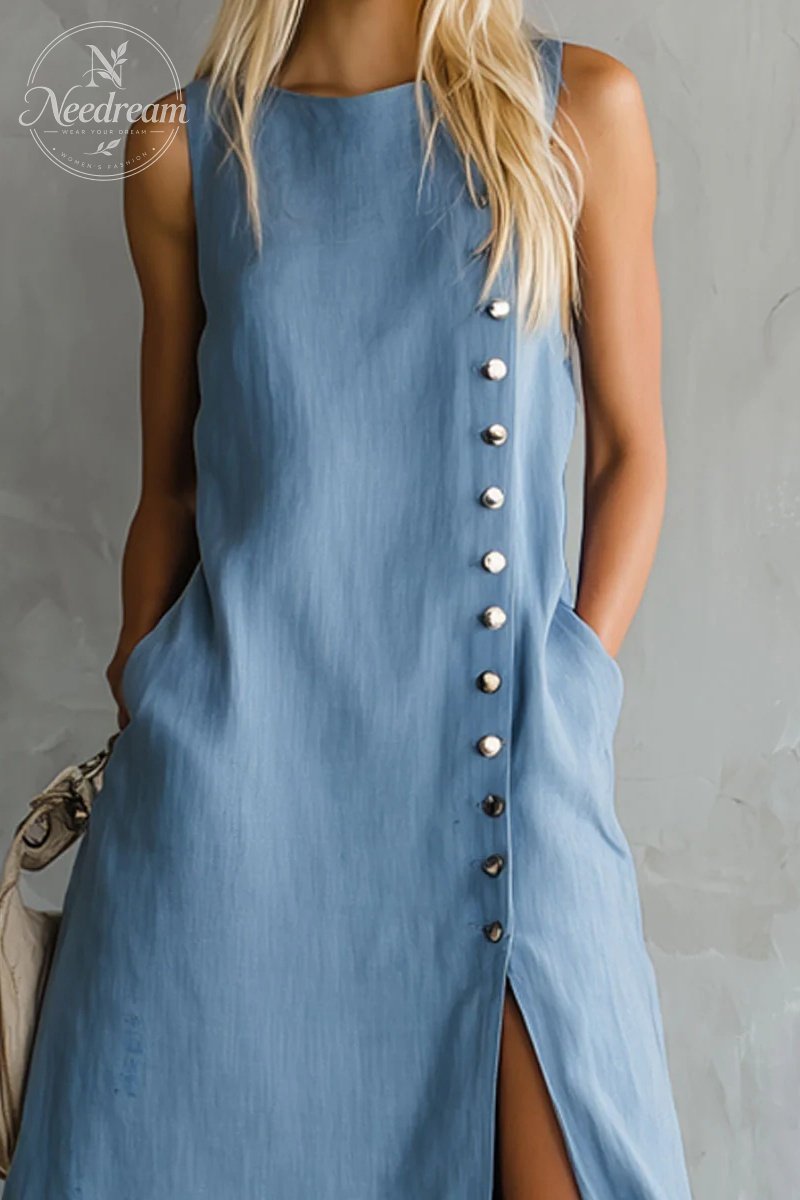 Round Neck Side Slit Sleeveless Cotton Midi Dress