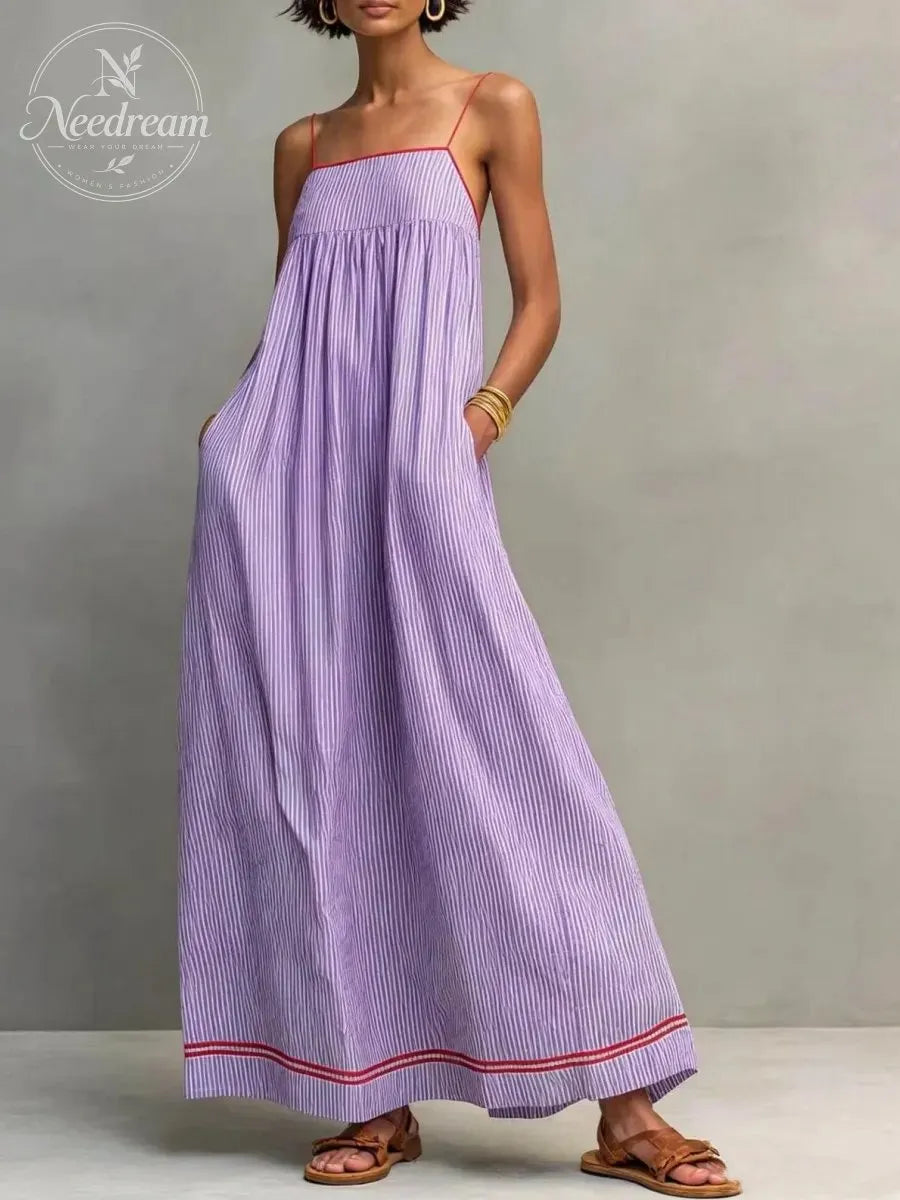 Women's Minimalist Striped Maxi Dress With Red Trim And Spaghetti Straps