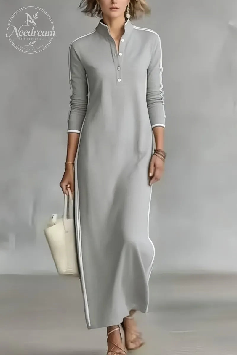 Women's Minimalist White-trimmed Button-down Collar Sweatshirt Dress Maxi Dress