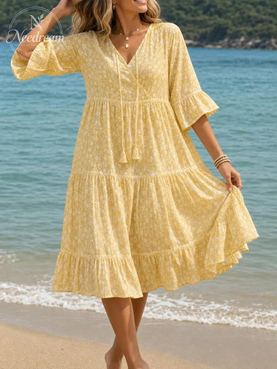 Floral Tiered Midi Dress with V-Neck Tie
