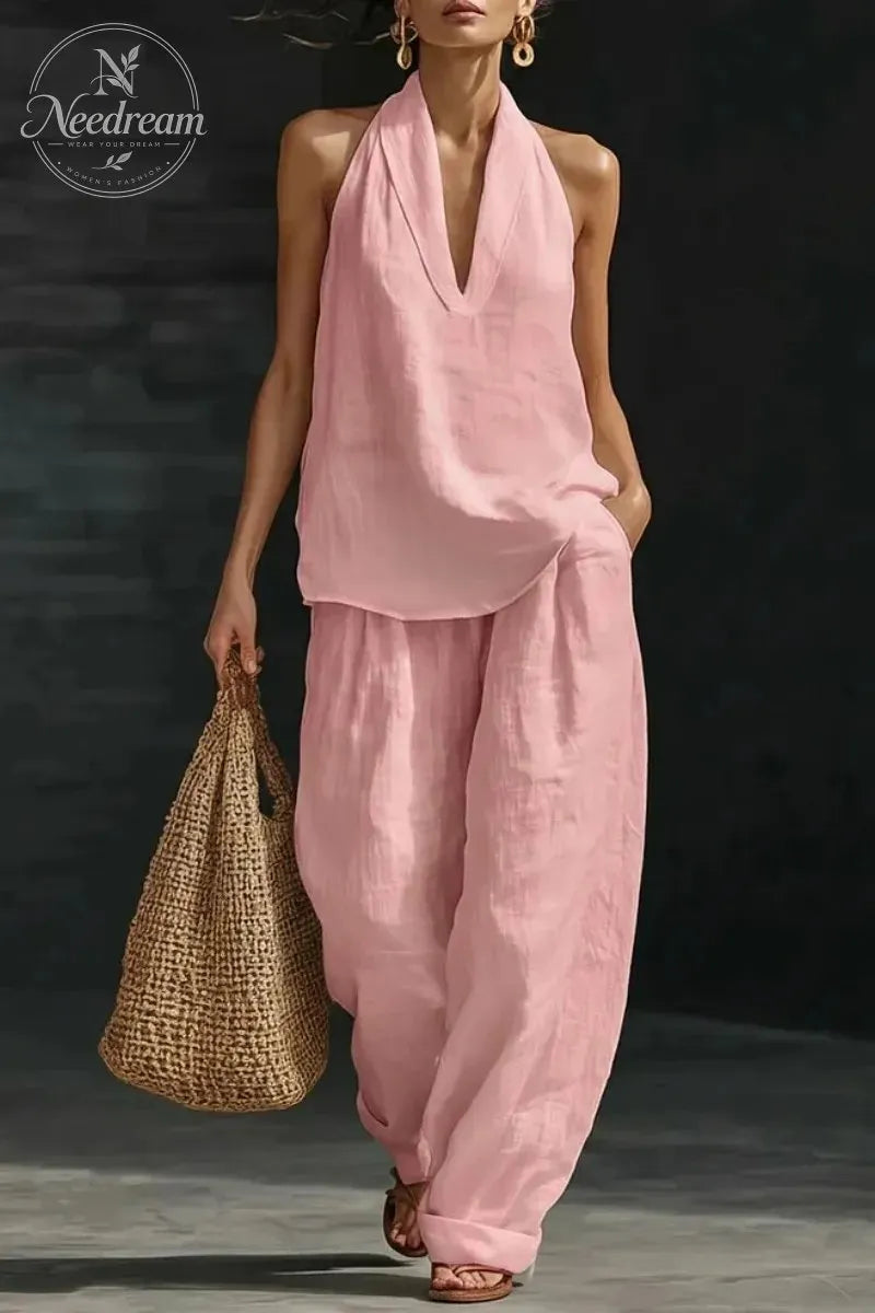 Women's V-neck Top + Tencel Linen Casual Suit