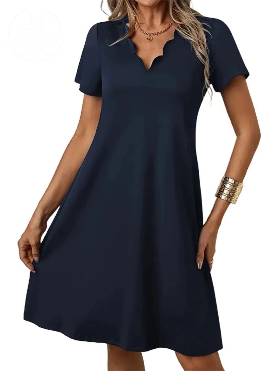 Women's Scalloped V-Neck High Waist Solid Color Dress