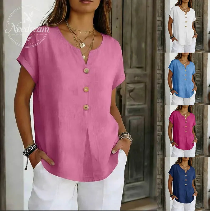 Decor Button Short Sleeve Blouse