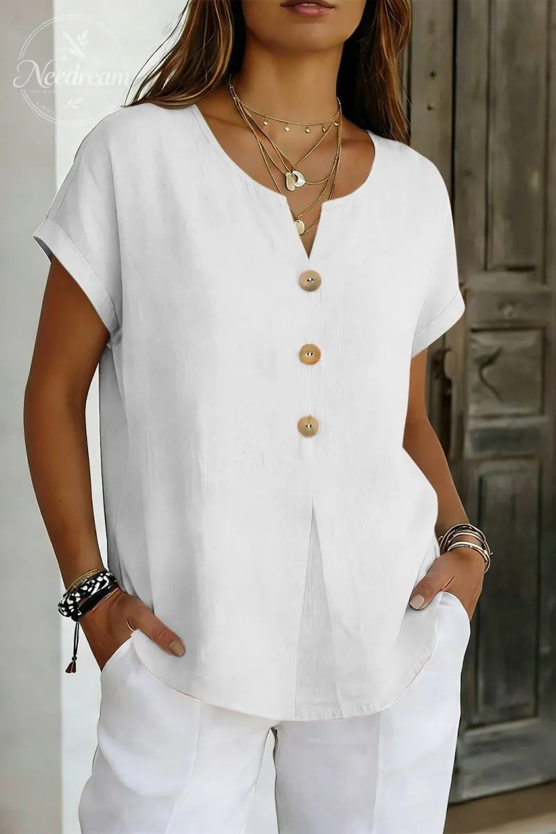 Decor Button Short Sleeve Blouse