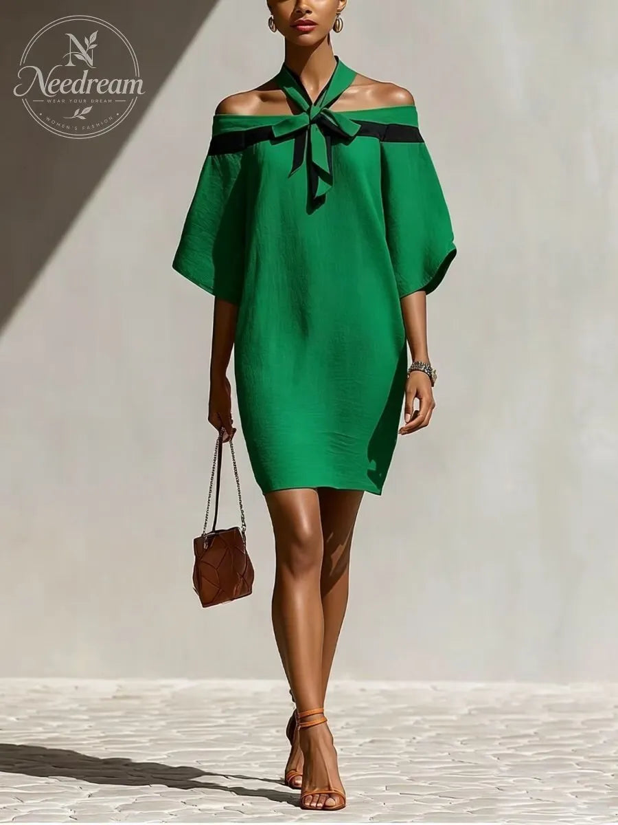 Women’S Orange Off-Shoulder Mini Dress With Black Bow Neck Detail