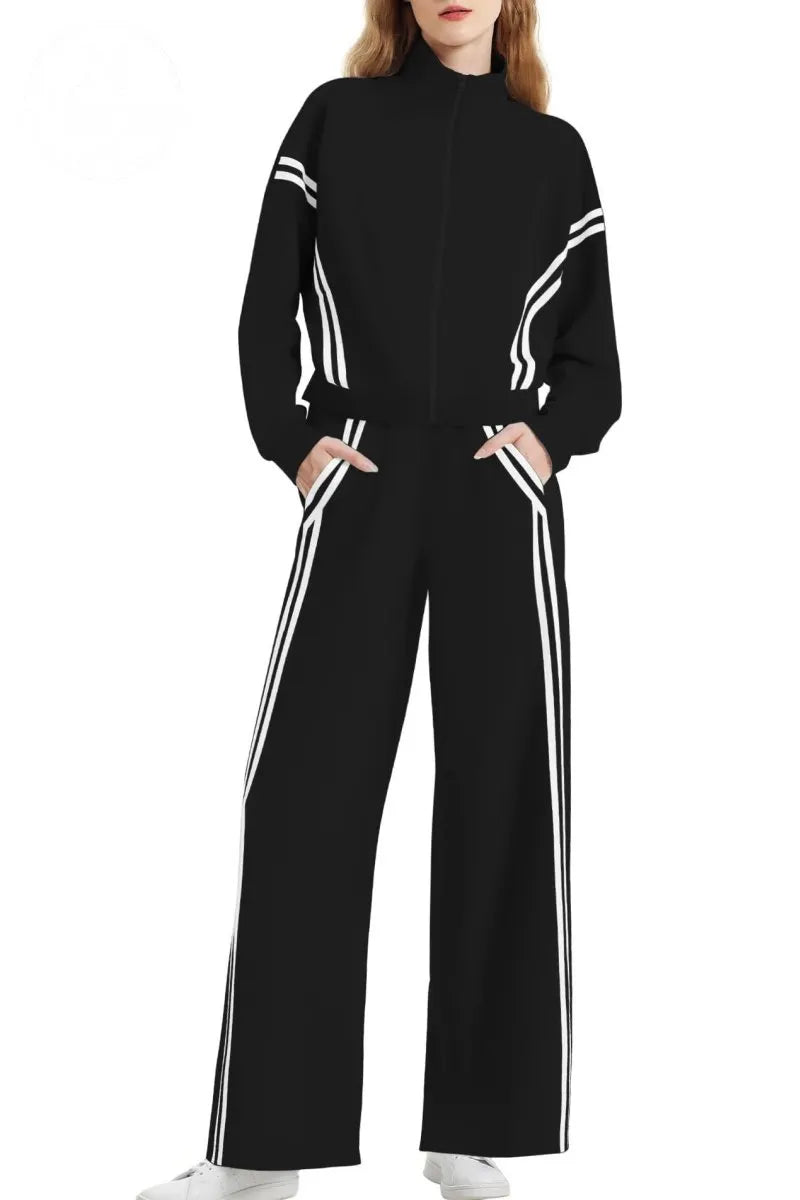 Zippered Tracksuit With Color-blocked Striped Wide-leg Pants
