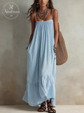 Fresh And Elegant Misty Blue Bohemian Style Long Dress With Thin Straps