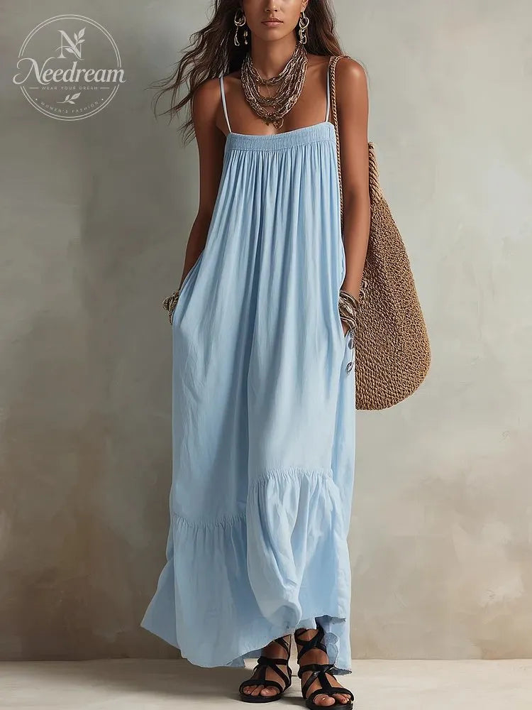 Fresh And Elegant Misty Blue Bohemian Style Long Dress With Thin Straps