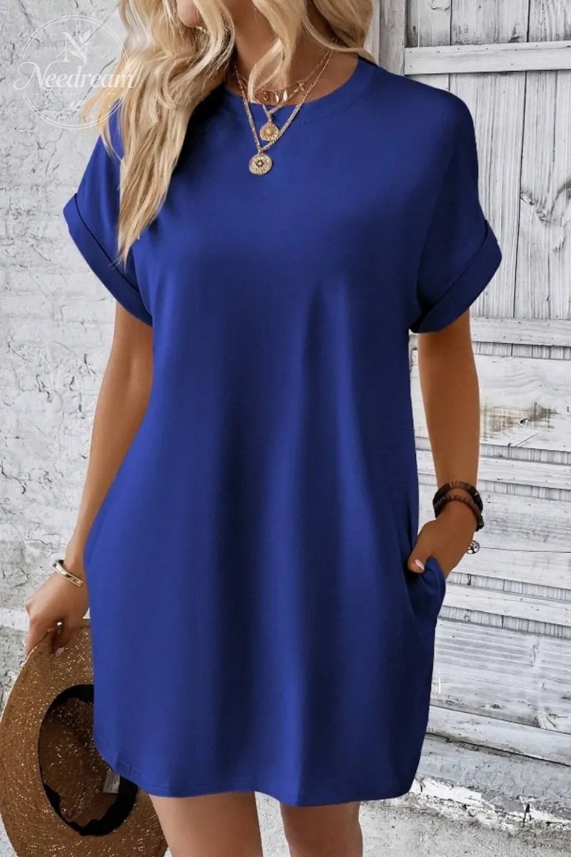 Casual Minimalist Round Neck Roll Up Sleeve Dress