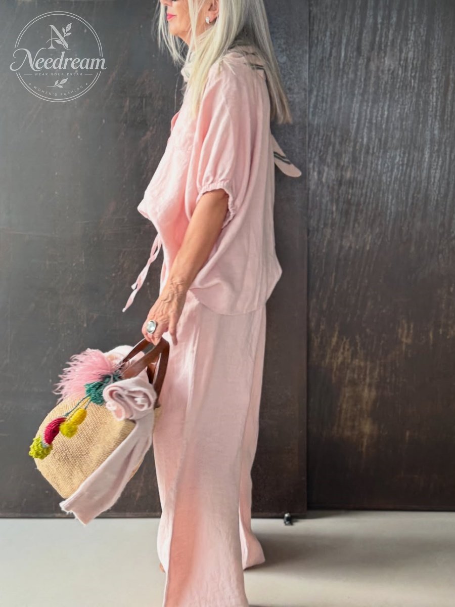 Women'S Loose-Fitting Pink Linen Set