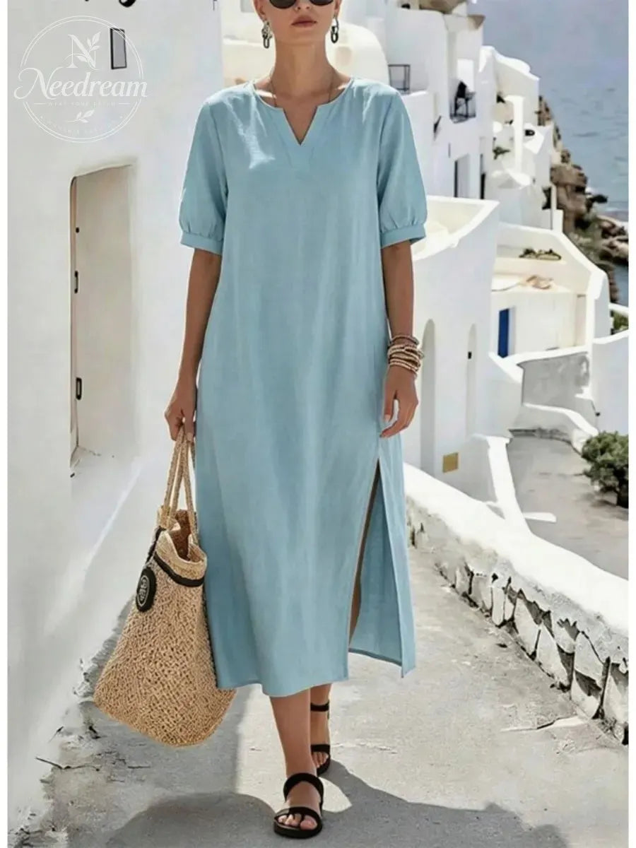 Women's Loose Fit V-Neck Dress with Side Slit