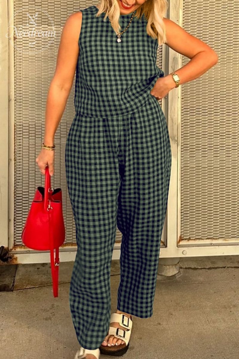 Summer New Women's 2 Piece Set Cotton Plaid Crop Top Loose Fit Pocket Nine-Tenths Pants