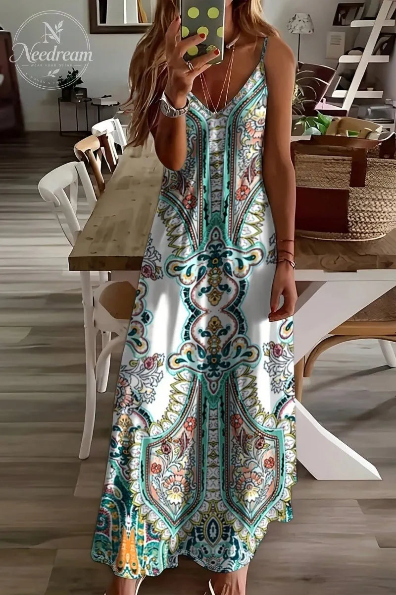 Women's Floral Print Dress, Boho Sleeveless Spaghetti Strap Maxi Dress