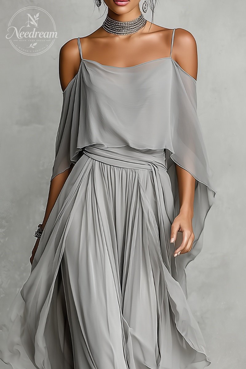 Women's Grey Breathable Chiffon Set With Cold-Shoulder Detail & Flared Silhouette, Contemporary Luxury-Feminine Style Set