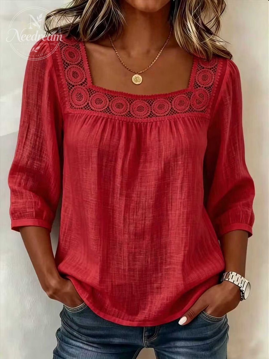 Lace Patchwork Blouse With A Square Neckline