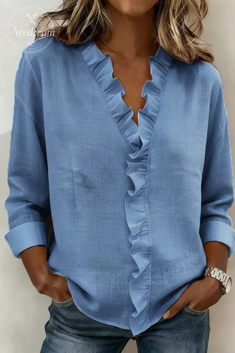 Ruffled V-Neck Long-Sleeved Cotton Shirt