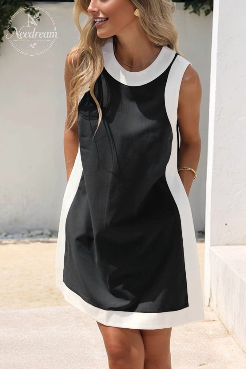 Women's Casual Two Piece Sets Color Block Crewneck Sleeveless Pullover Tops Matching Shorts With Pockets