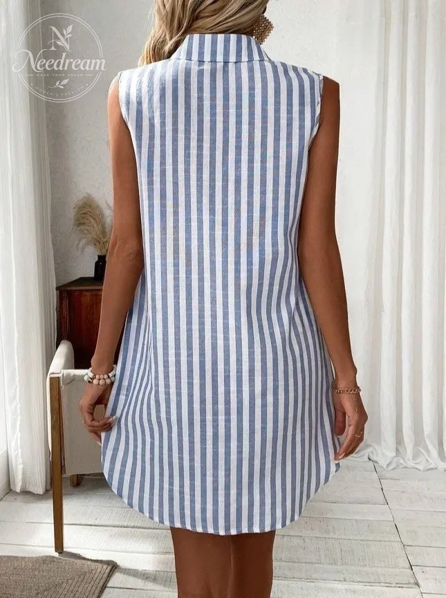 Women'S Minimalist Sleeveless V-Neck Button-Down Striped Shirt Dress