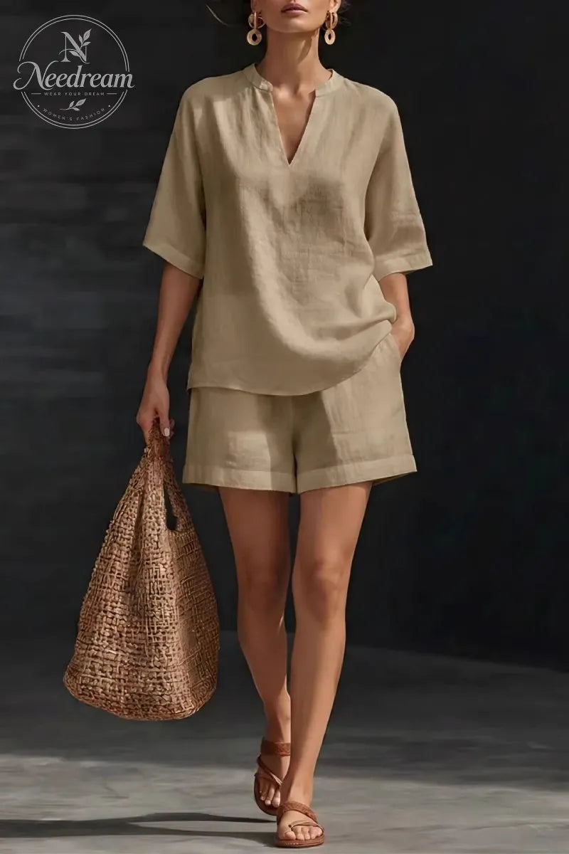 Minimalist Cozy V-neck Shirt And Shorts Linen Cotton Two-piece Set