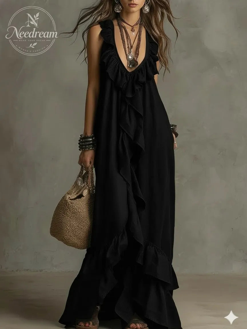 Elegant Bohemian V Neck Ruffle Maxi Dress