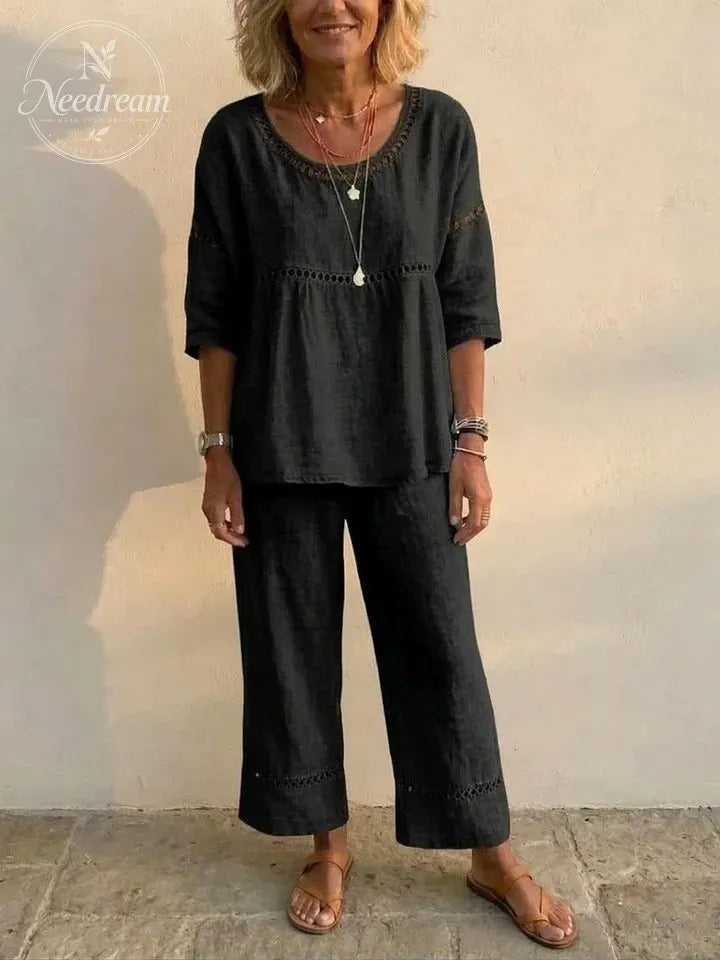 🔥 Women's Vintage Eyelet Casual Loose-Fit Linen Linen Two-Piece Set
