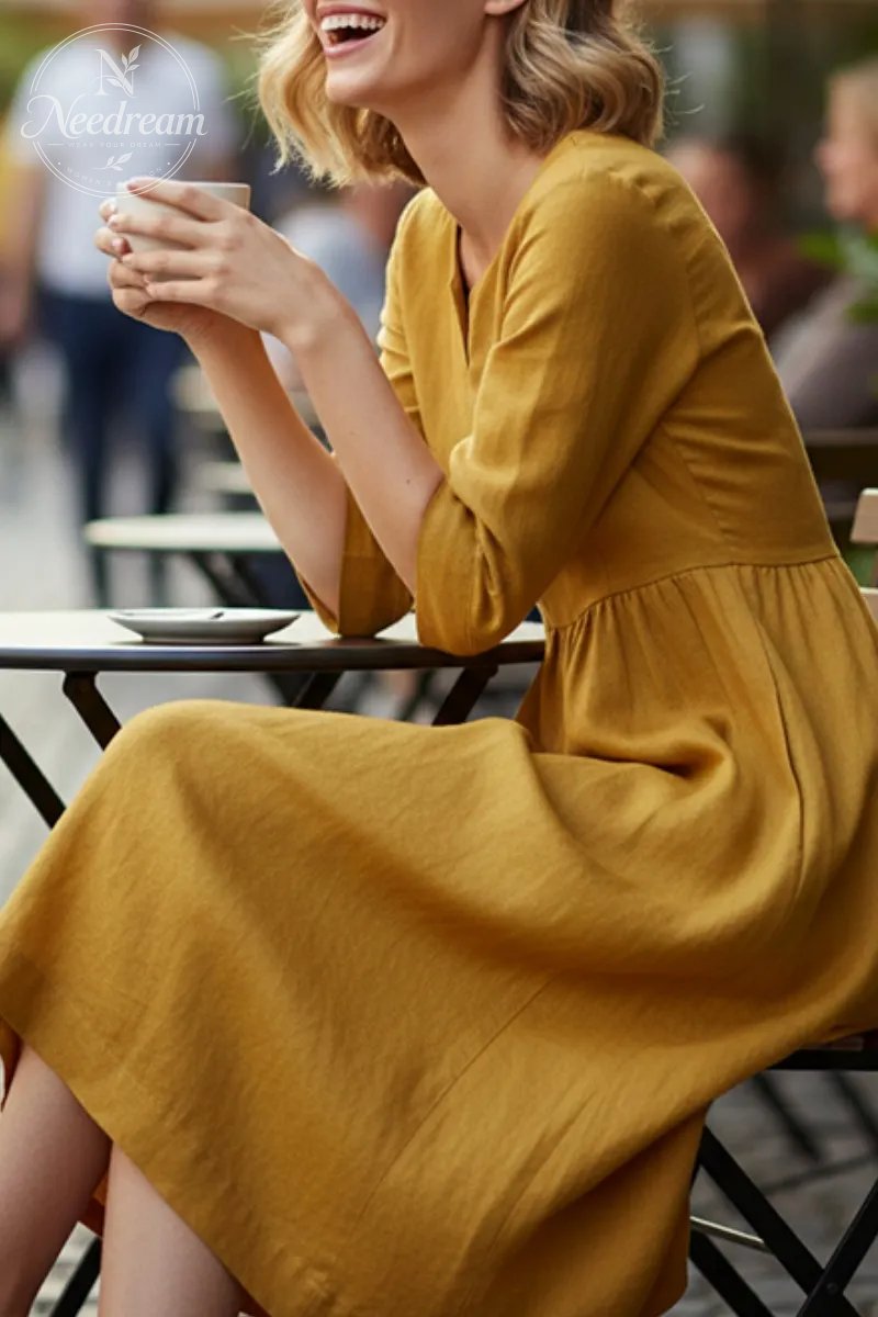 V-Neck Casual Dress, Three-Quarter Sleeves, With Pockets