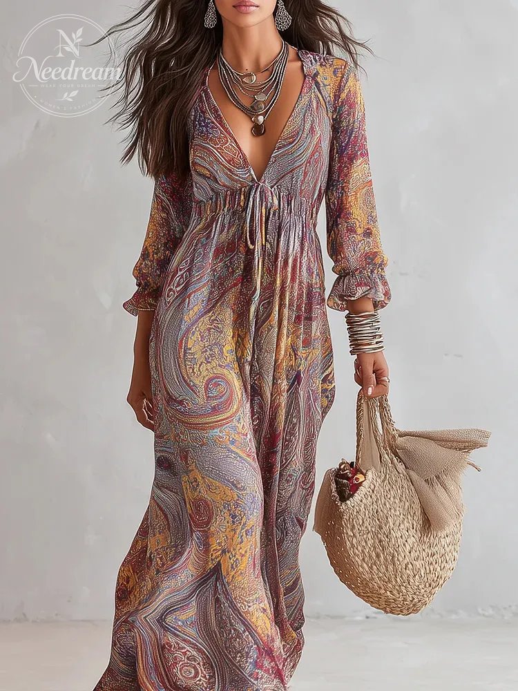 Vintage Paisley Print V neck Dress With Tie Waist