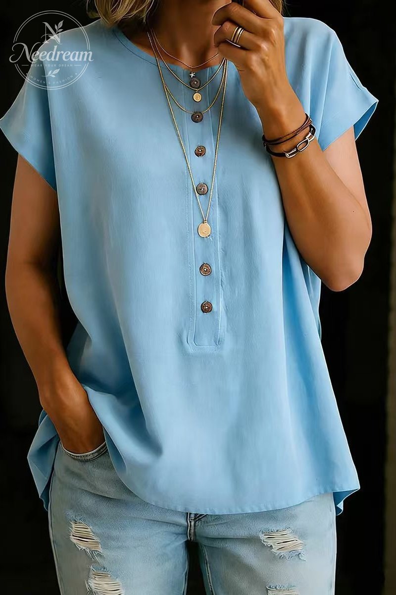 Button-Down Solid Color Elegant Retro Fashion Round Neck Short Sleeve