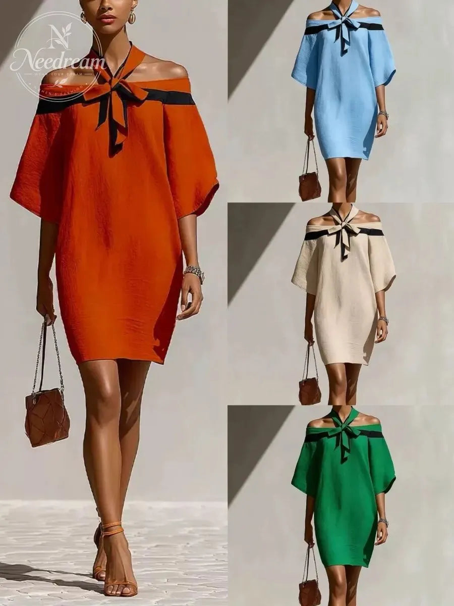 Women’S Orange Off-Shoulder Mini Dress With Black Bow Neck Detail