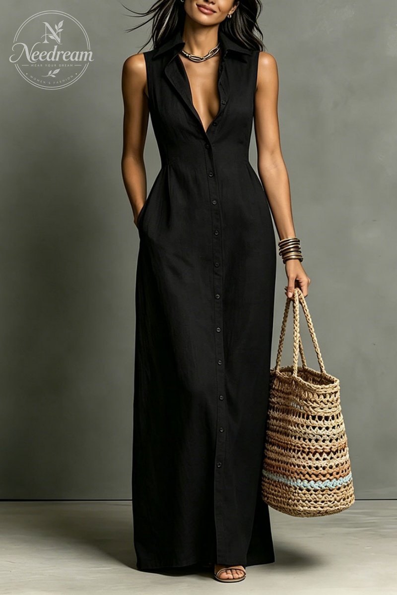 Women'S Minimalist Linen-Blend Collared Single-Breasted Sleeveless Maxi Shirt Dress