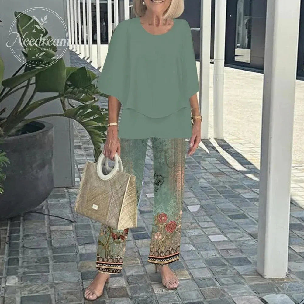 Women's Round Neck Mid-Sleeve Top With Floral Print Pants Set Two-Piece
