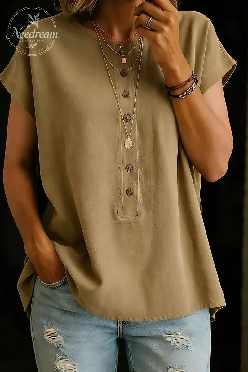 Button-Down Solid Color Elegant Retro Fashion Round Neck Short Sleeve