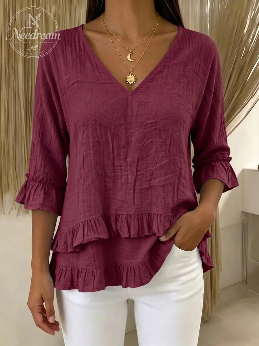 Women's V-Neck Cotton-Linen Top with Ruffled Hem