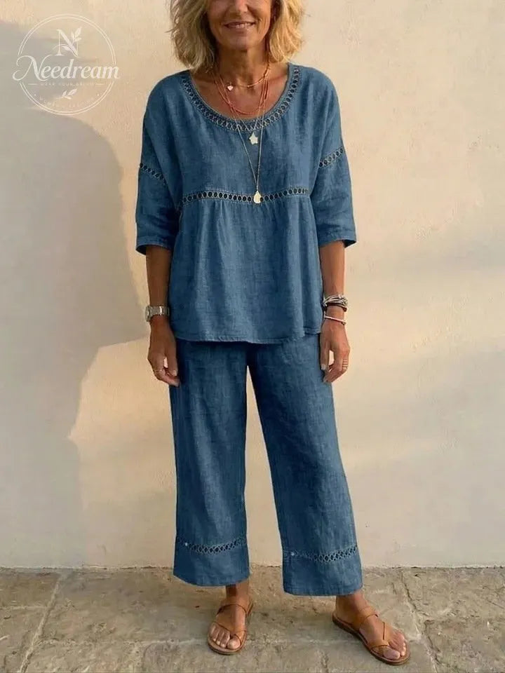 🔥 Women's Vintage Eyelet Casual Loose-Fit Linen Linen Two-Piece Set