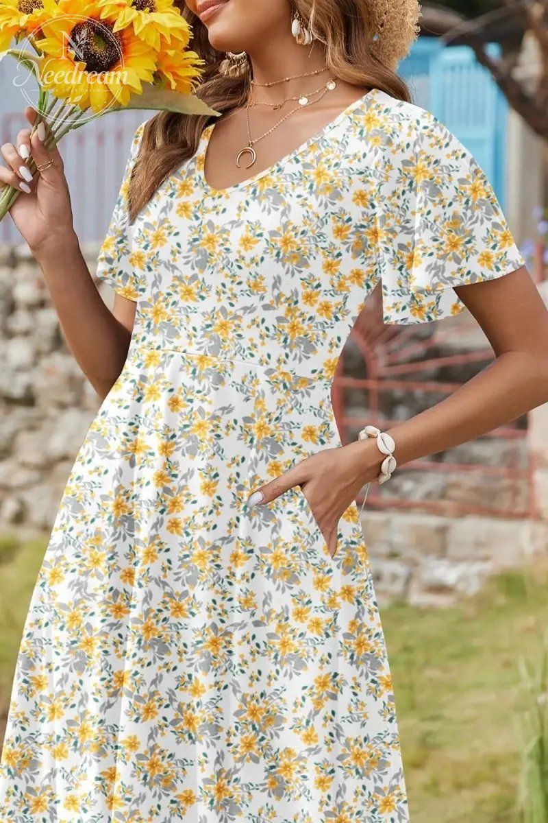Womens Summer Dress Casual Swing Floral Ruffle Short Sleeve Sundresses Beach Mini A-Line Shift Dress