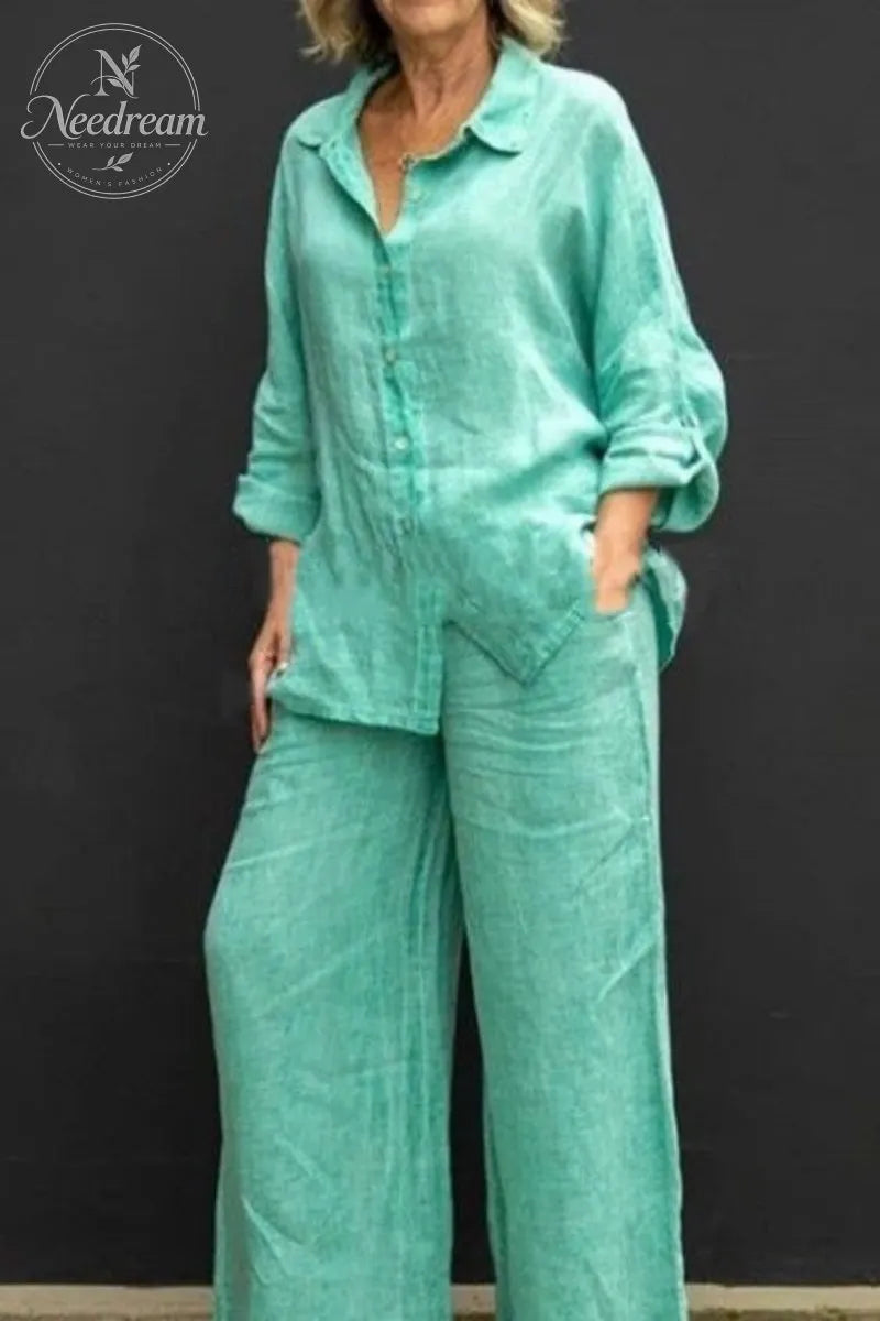 Women Linen Lapel Shirt Two Pieces Set Vintage Solid Long Sleeve Button Blouse and Loose Straight Pants Casual Suits