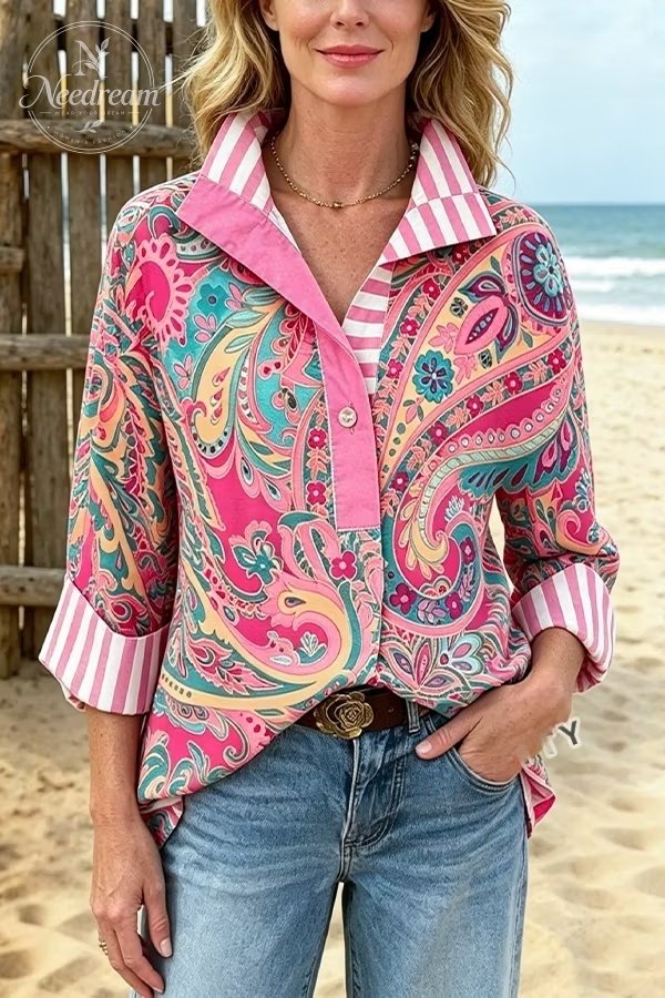 Retro Paisley Print Striped Collar Three Quater Sleeve Blouse