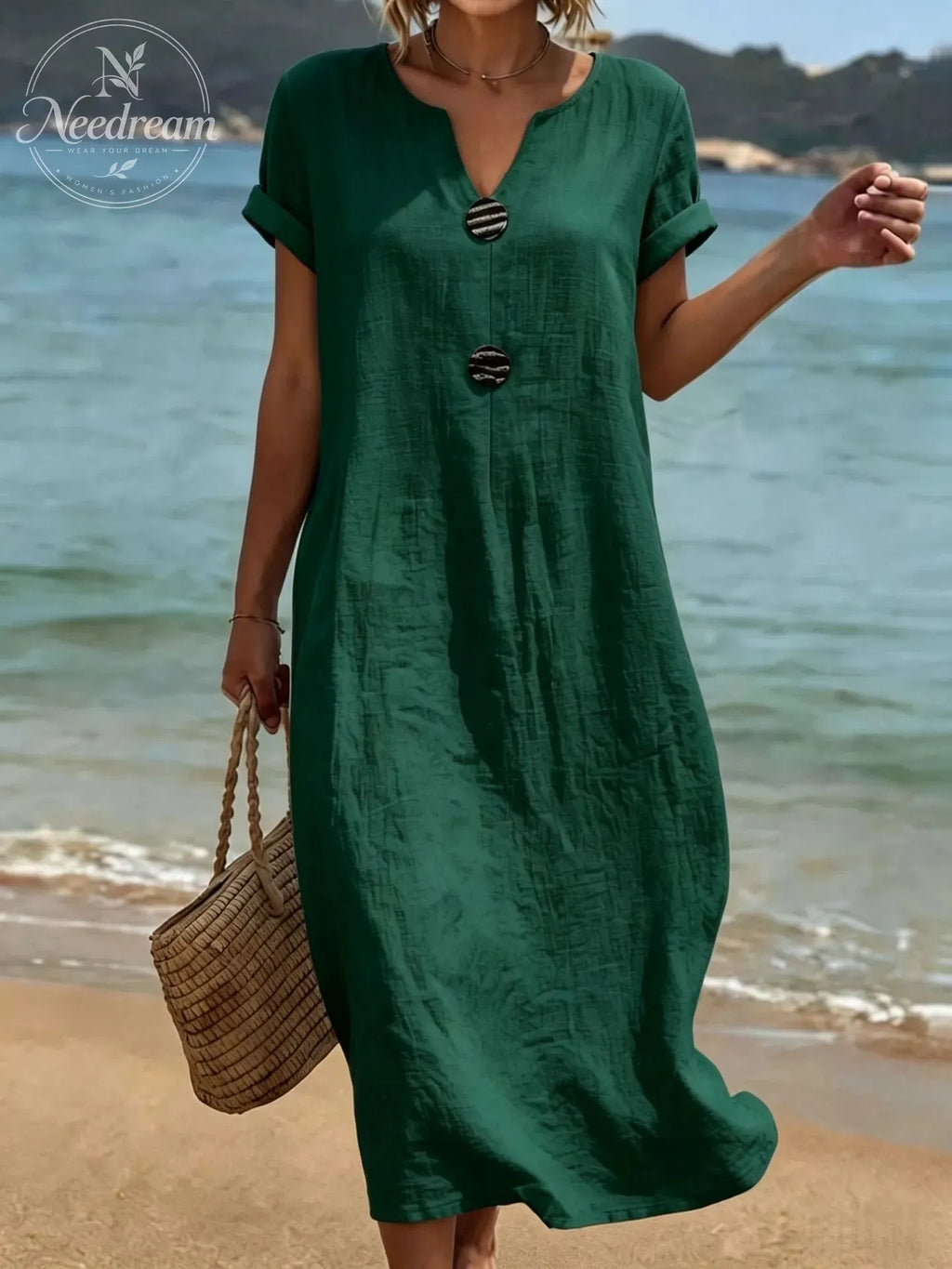 🌿 Summer Midi Dress with V-Neck & Decorative Buttons – Light Linen Material, Short Flared Sleeves
