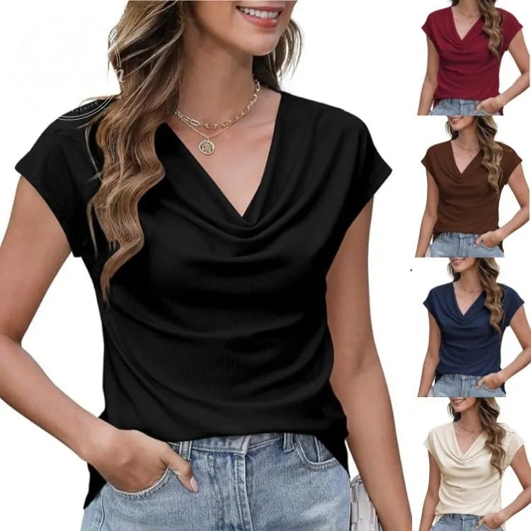 Women's Casual Solid-Color Short-Sleeve Top with Cowl Neck