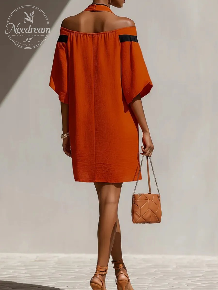Women’S Orange Off-Shoulder Mini Dress With Black Bow Neck Detail