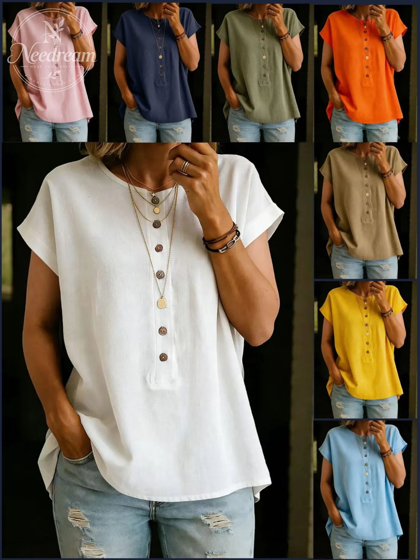 Button-Down Solid Color Elegant Retro Fashion Round Neck Short Sleeve