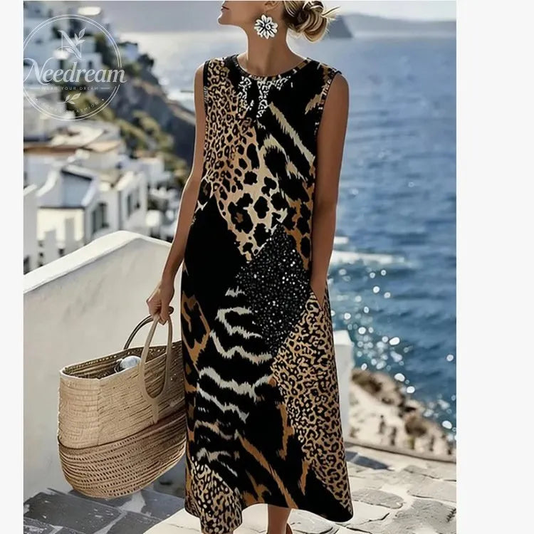 Patchwork Leopard Print Sleeveless Long Dress