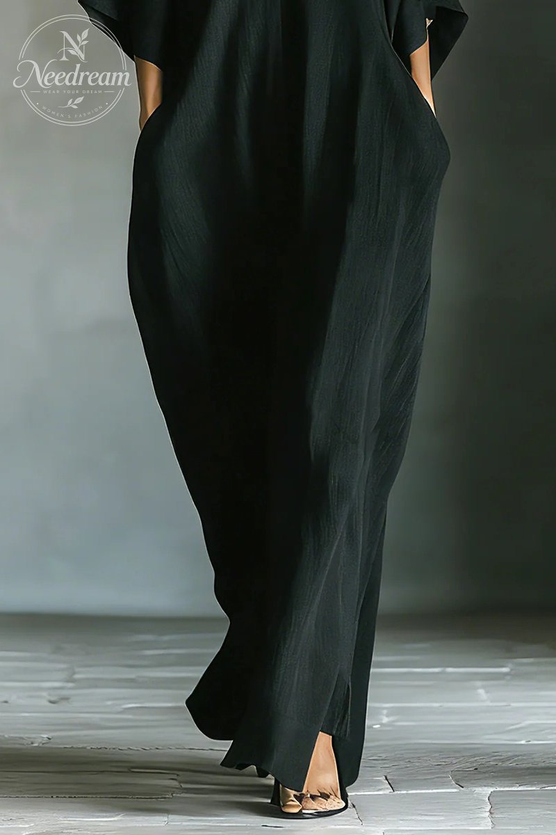 Women's Black Cotton Blend Fabric Oversized Kimono-Sleeve Maxi Dress With Pockets
