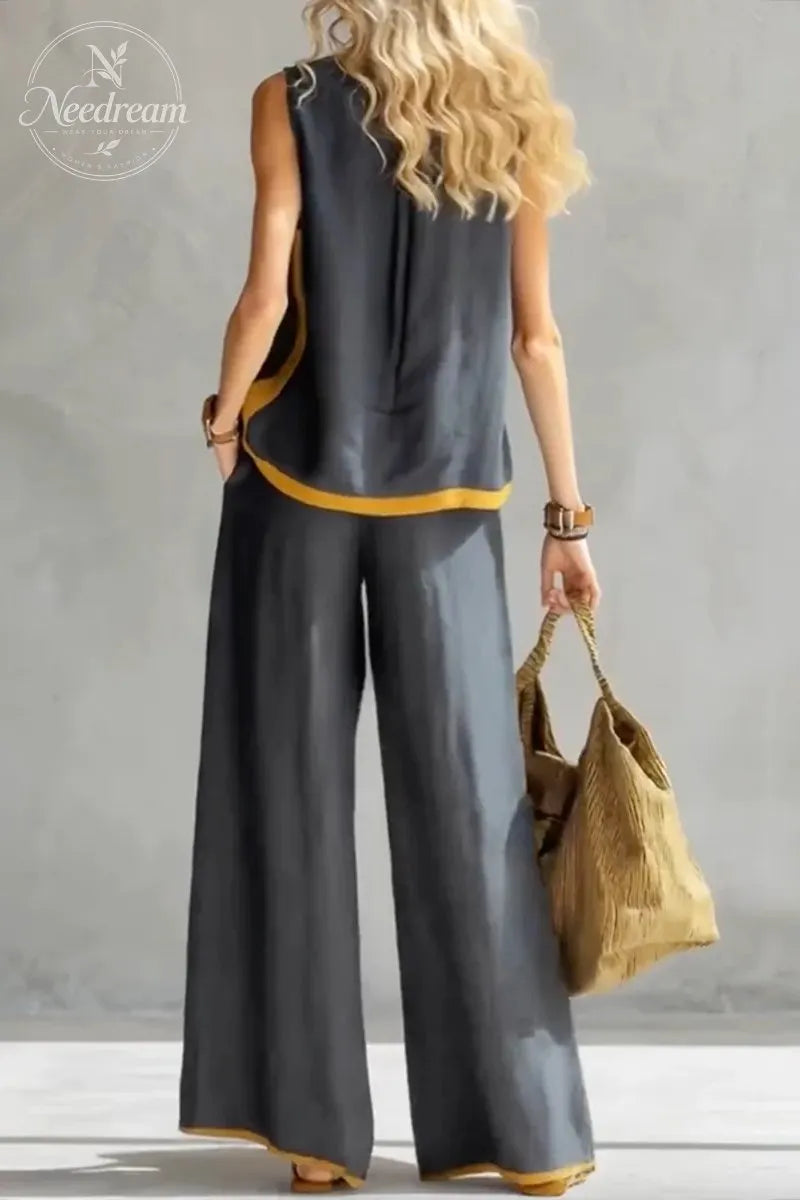 Women's Two Tone Trim Vest & Wide Leg Pants 2Pcs Set