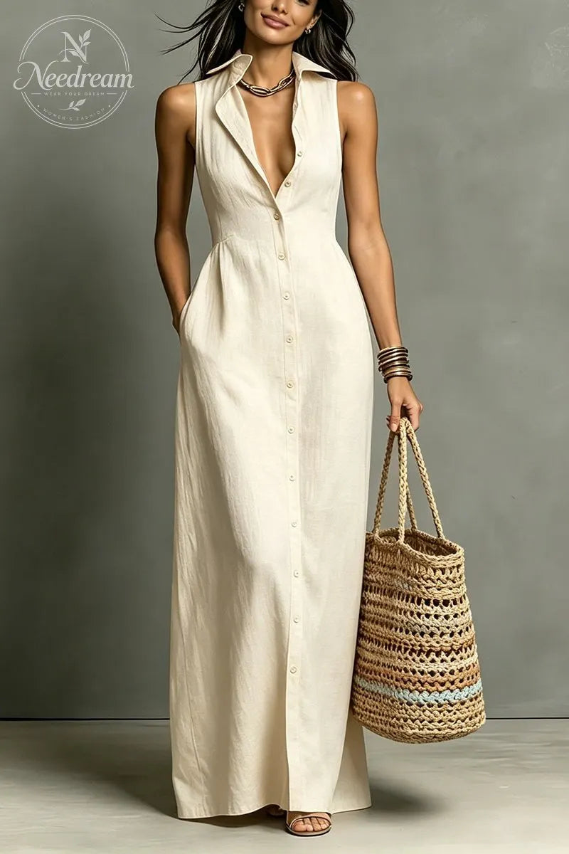 Women'S Minimalist Linen-Blend Collared Single-Breasted Sleeveless Maxi Shirt Dress