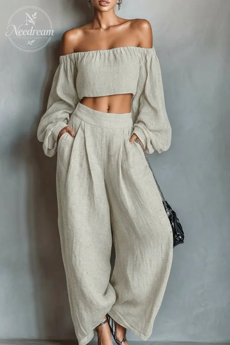 Women's Minimalist Linen Blend Strapless Long-sleeved Blouse And Wide-leg Pants Set