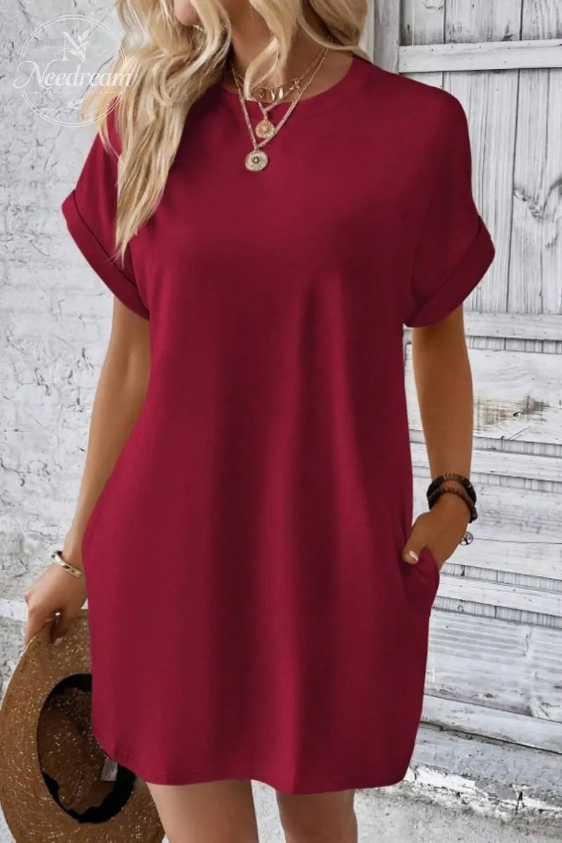 Casual Minimalist Round Neck Roll Up Sleeve Dress