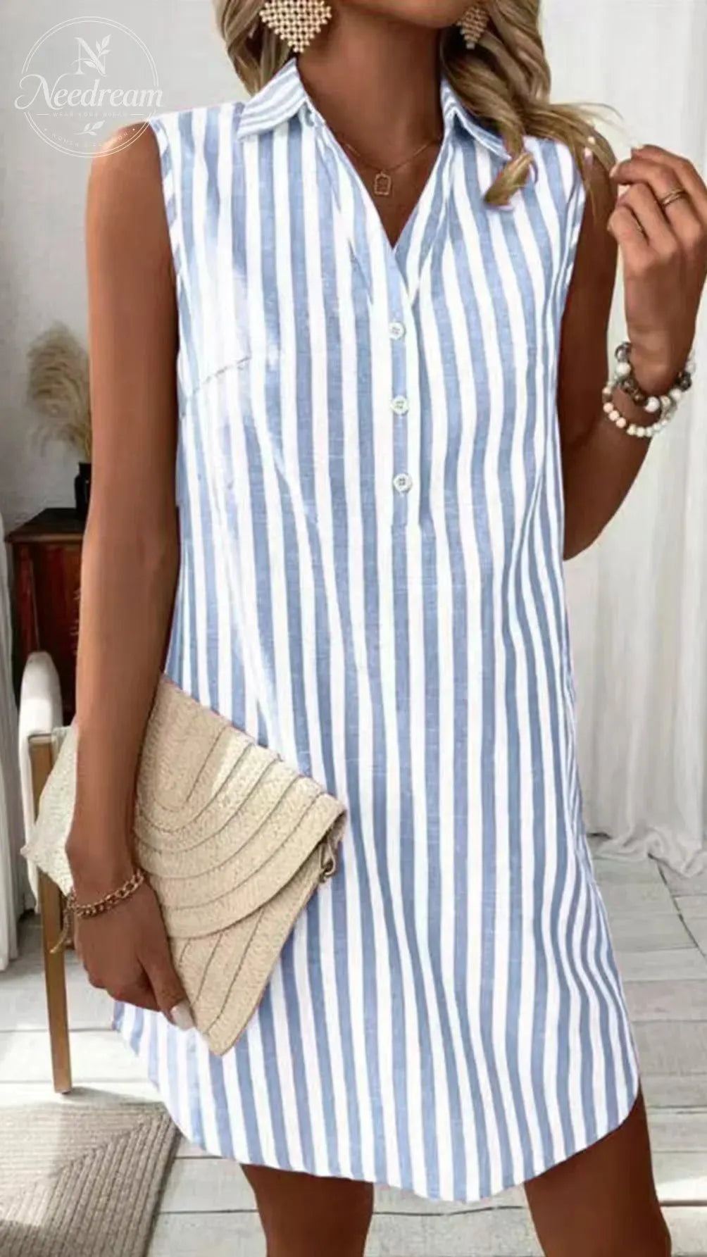 Women'S Minimalist Sleeveless V-Neck Button-Down Striped Shirt Dress