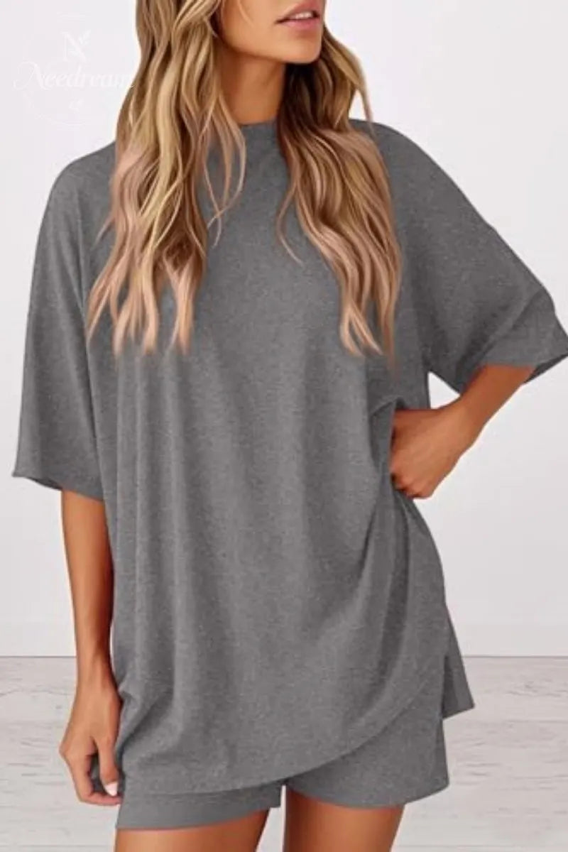 Women 2 Piece Outfits Crew Neck Oversized Tshirts and Biker Shorts with Pocket Matching Lounge Sets